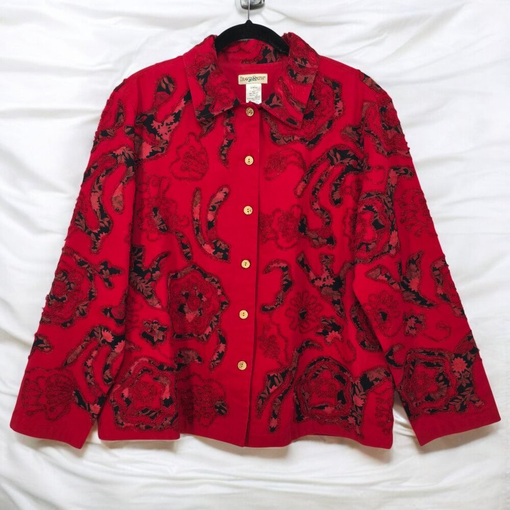 TravelSmith Jacket Blazer Women Large Red Floral Embroidered Cotton Button Front